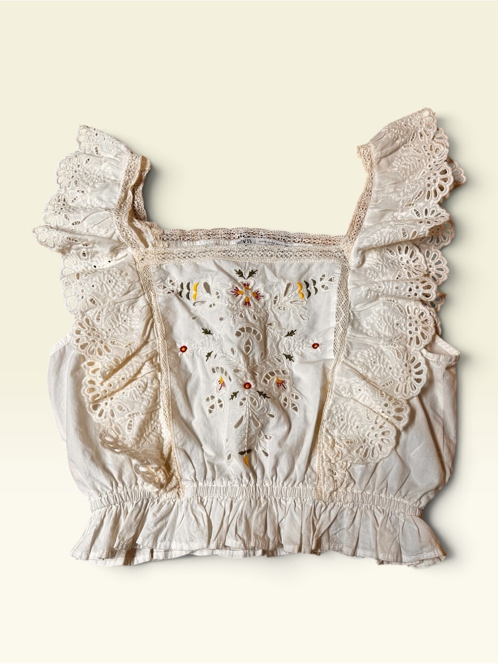Zara Women's Blouse White Square Neck Lace Embroidered Pullover 100% Cotton XS